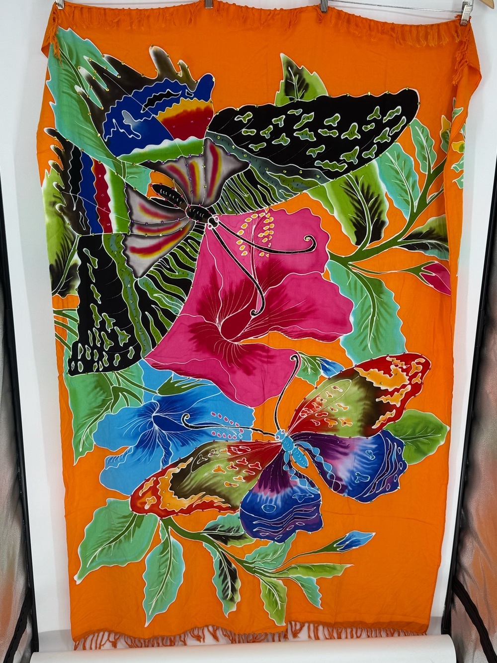 Orange Batik Sarong Butterfly Hibiscus Flower Beaded Swim Cover Up Beach Wrap